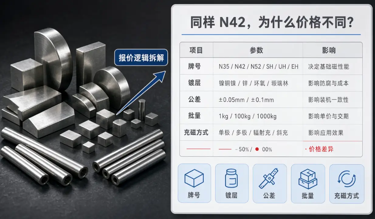 钕铁硼报价为什么差几倍?牌号、镀层、公差、批量对价格的影响,采购必看(图1) 钕铁硼报价为什么差几倍?牌号、镀层、公差、批量对价格的影响,采购必看(图1)